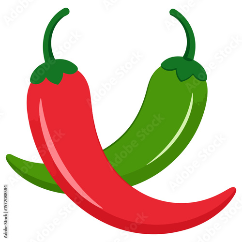 Illustration of two chili peppers, one red and one green, crossed on a white background, conveying heat and spice in a simple and colorful style.