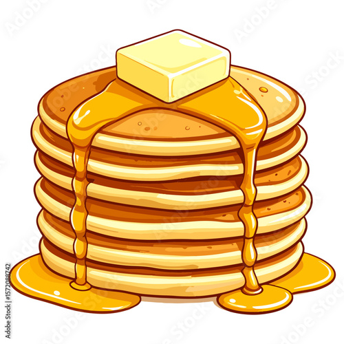 Delightful pixel art illustration of a stack of pancakes with butter and dripping syrup, perfect for breakfast-themed designs.