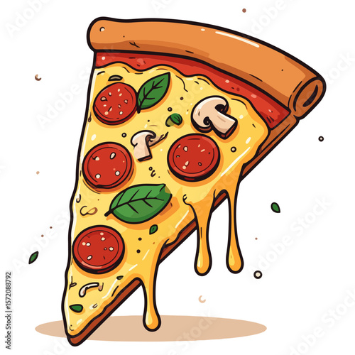 Cartoon illustration of a pizza slice with pepperoni, mushrooms, basil, and dripping cheese, presented against a clean, white background.