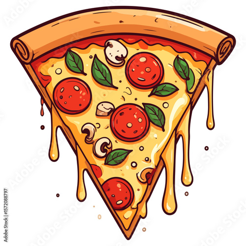 A single slice of pepperoni pizza illustration with cheese and toppings of mushroom and basil on white for designs related to food, restaurants, or pizza parties.