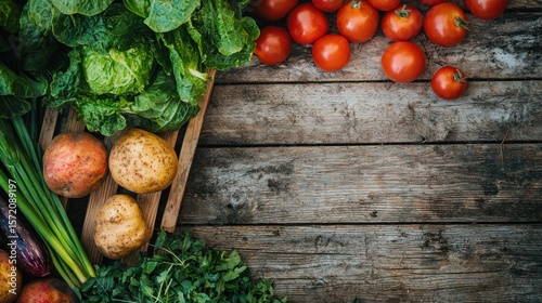 Fresh vegetables on a rustic wooden table. The vegetables include tomatoes, potatoes, and leafy greens. The setting is a rustic wooden table with a weathered appearance.
