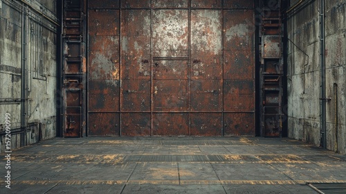 A rusted metal door with a dark brown hue and a worn  aged appearance  set against a concrete wall with a metallic texture and a few small metal shelves on either side.