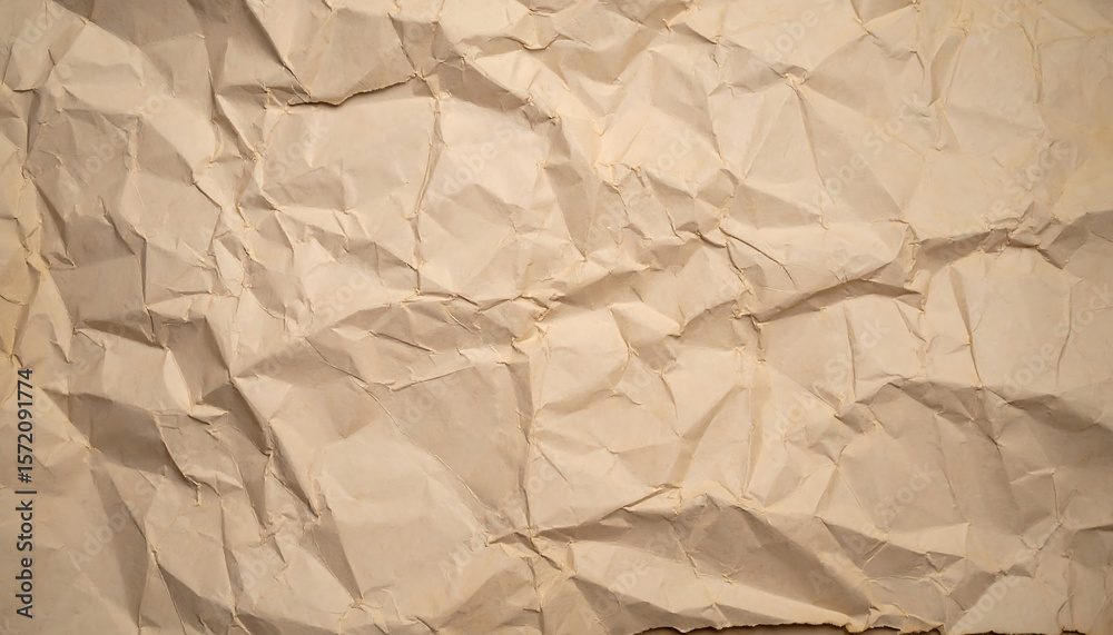 Obraz premium Crumpled textured paper surface with warm beige tone, showcasing intricate wrinkles and folds that evoke sense of age and character