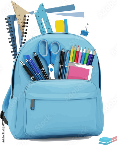 Back to school backpack filled with school supplies stationery notebooks pens pencils for education learning