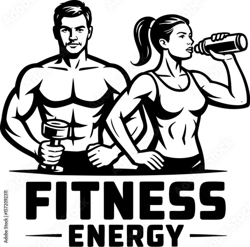 Fitness gym logo design template for health and wellness with strong man and woman workout illustration