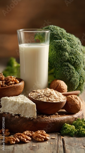 Close-up of nutritious prenatal food selection featuring broccoli, walnuts, whole grains, cottage cheese, and a glass of milk, arranged vertically with soft warm lighting