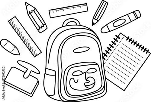 Back to school supplies backpack pencil ruler notebook eraser for kids coloring page vector illustration