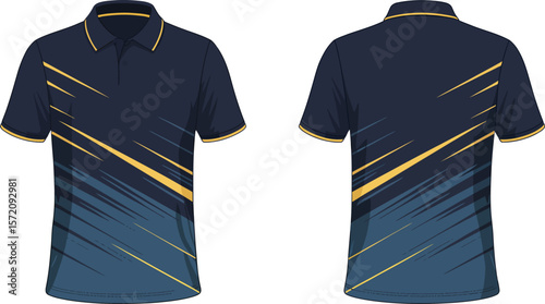 Custom team polo shirt design template navy blue and yellow sportswear apparel mock up front and back view