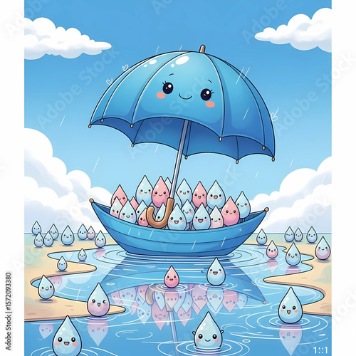 Cute Raindrops Adventure: Umbrella Boat in Rainy Weather