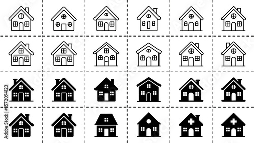 Vector house icon set real estate home building architecture residence property construction outline silhouette