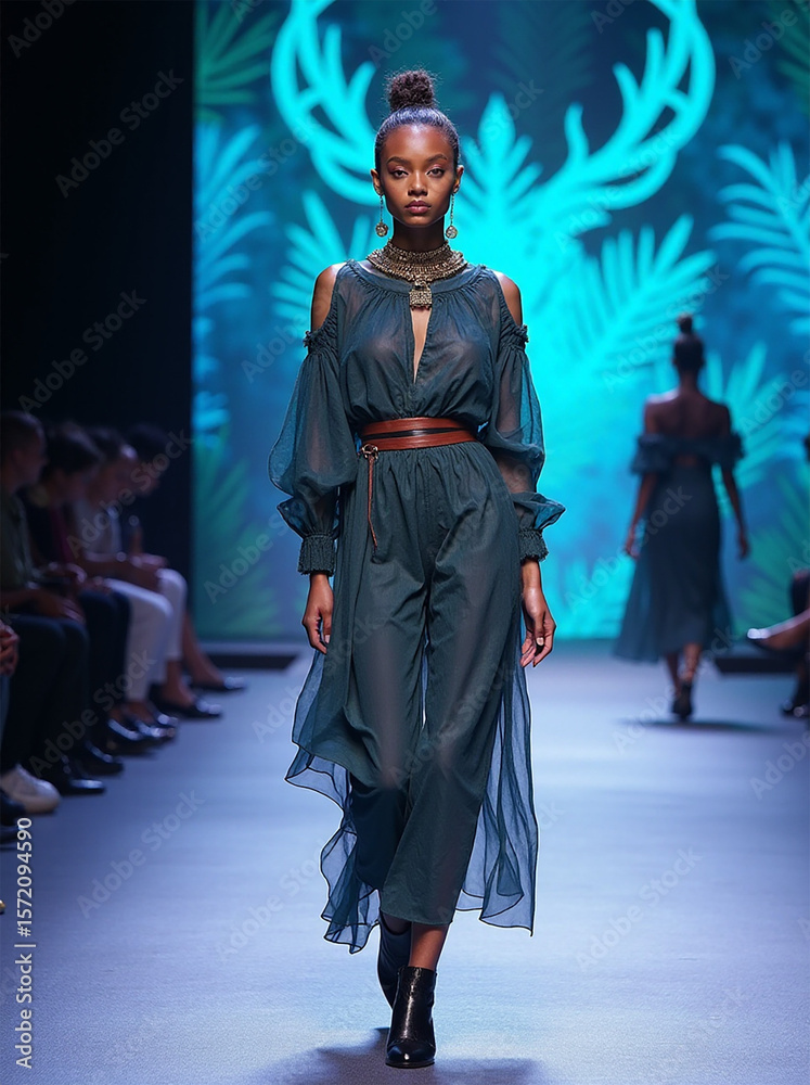 Fototapeta premium A model showcasing an elegant green outfit with sheer elements and bold accessories on a runway.