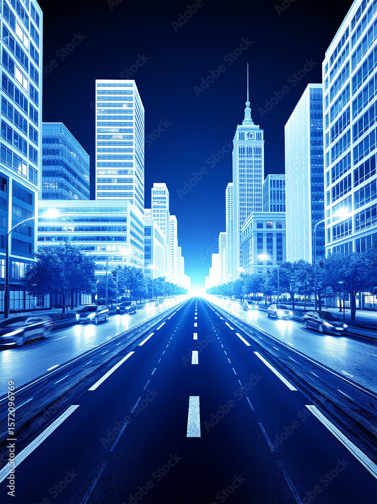 Fototapeta premium Futuristic cityscape at night, showcasing illuminated skyscrapers and a bustling urban environment.