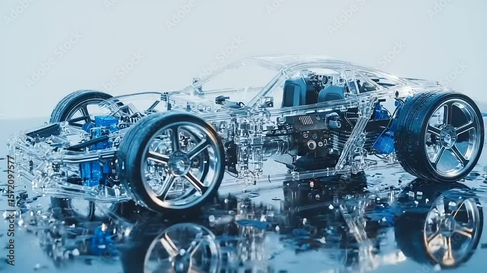 Transparent vehicle chassis with internal components.