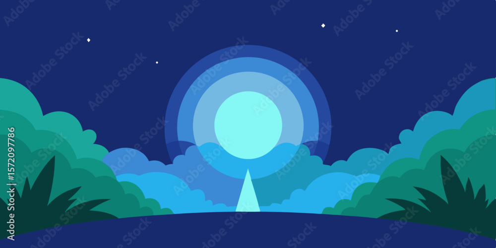 Moon and stars night landscape with dark blue sky and tree silhouette