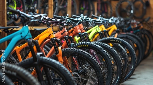 A row of colorful mountain bikes lined up in a workshop.