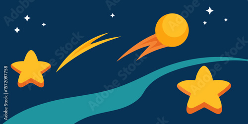 A cartoon vector illustration of a tropical fish swimming in the blue ocean with the moon and stars shining in the night sky