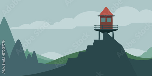 A picturesque house and a beaconing lighthouse stand majestically on a hill overlooking the serene coastal landscape under a vibrant sunset sky