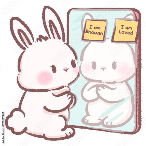 Cute Cartoon Bunny Looking at Mirror with Positive Affirmations Kawaii Rabbit Illustration Representing Self Love Confidence Mindfulness Motivation and Adorable Animal Character Design Concept