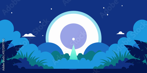 Blue moonlit night sky with stars, trees, and a tranquil sea landscape vector illustration
