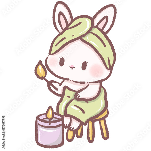Cute Cartoon Bunny at Spa Wrapped in Towel Lighting Candle Kawaii Rabbit Illustration Representing Relaxation Wellness Self Care Beauty Ritual Calm and Cozy Atmosphere Perfect for Cute Design Concepts