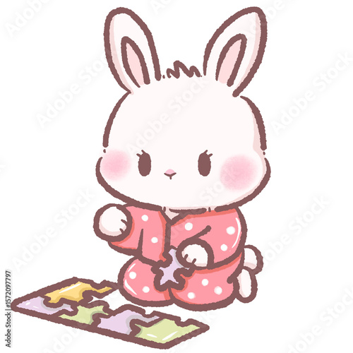 Cute Cartoon Bunny Playing with Puzzle Pieces in Polka Dot Pajamas Kawaii Rabbit Illustration Representing Playfulness Learning Relaxation Cozy Home Activity and Cuteness Perfect for Cute Design Conce