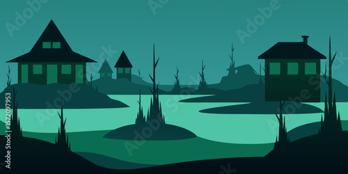 Cartoon vector illustration of a haunted house in a night city landscape with a full moon and silhouetted trees on a hill