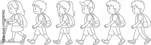Back to school outline illustration of children walking and riding scooter to school coloring page vector
