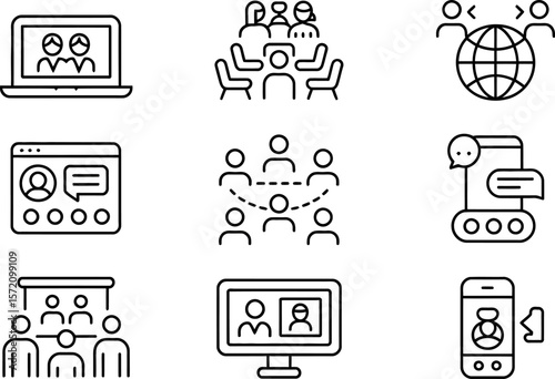 Online meeting communication vector icons set for virtual conference webinar and remote work collaboration