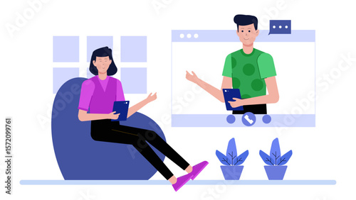 Remote Worker Attending Virtual Networking Event, flat vector illustration