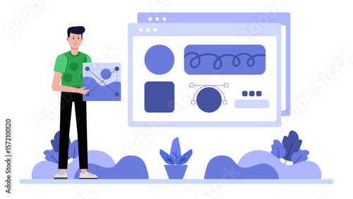 Content Creator Planning Cross-Platform Strategy, flat vector illustration