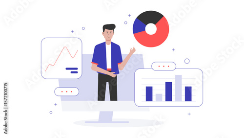 Entrepreneur Pitching Idea in Online Business Forum, flat vector illustration