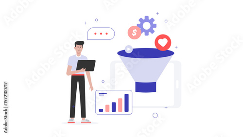 Sales Lead Updating Sales Funnel Metrics, flat vector illustration