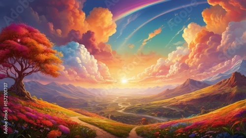 Colorful landscape. The background is filled with vibrant colors of a sunset sky, rainbow-colored hills, and blooming flowers. The scene is vibrant and eye-catching, with bright lights and creative co