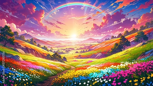 Colorful landscape. The background is filled with vibrant colors of a sunset sky, rainbow-colored hills, and blooming flowers. The scene is vibrant and eye-catching, with bright lights and creative co