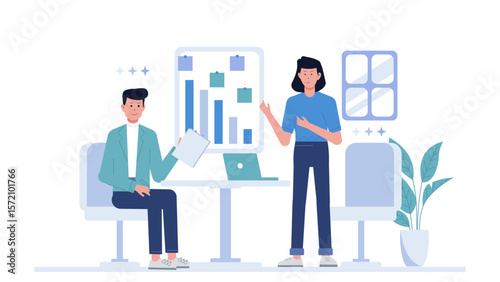 Project Group Collaborating in Agile Sprint Meeting, flat vector illustration