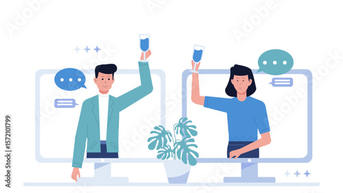 Employees Celebrating Milestone with Virtual Toast, flat vector illustration