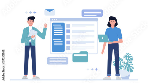 Employees Collaborating in Real-Time Document Editor, flat vector illustration