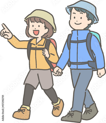 ハイキングや登山をする若い夫婦のイラスト
