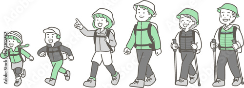 ハイキングや登山をする3世代家族のイラストセット

