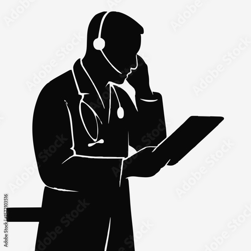 Silhouette of a doctor with a headset and tablet, symbolizing telemedicine, healthcare, and medical consultation. Ideal for online health, medical support, and digital medicine themes.