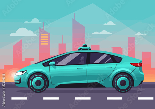 Teal Autonomous Vehicle on City Street.