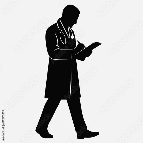 Silhouette of a doctor walking with a clipboard, symbolizing healthcare, medical documentation, and professional care. Ideal for hospital staff, clinical notes, and health expertise themes.
