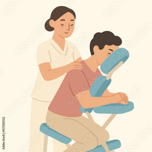 Vector illustration of a therapist massaging a client on a chair, symbolizing wellness, relaxation, and professional care. Perfect for spa services, stress relief, and health therapy themes.