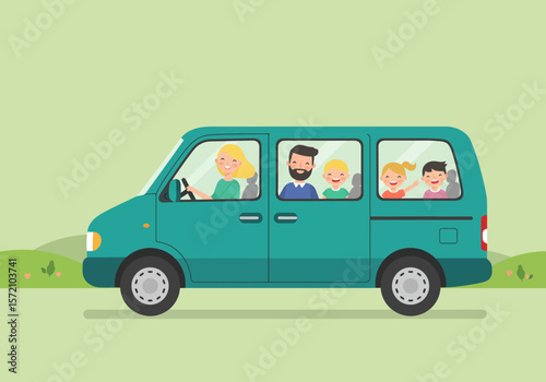 Teal Family Minivan with Happy Family Inside Mom Driving Kids Smiling.