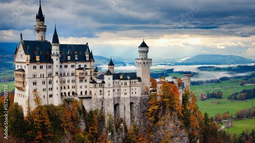 Stunning view of a historic castle surrounded by mountains and forests during autumn