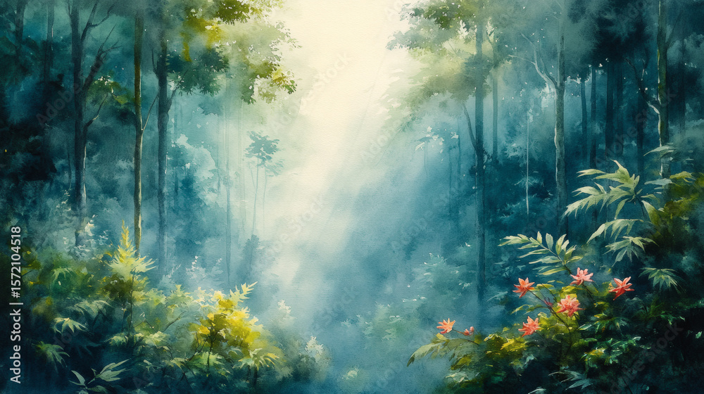 Obraz premium Tropical Forest Landscape in Watercolor Brushstrokes