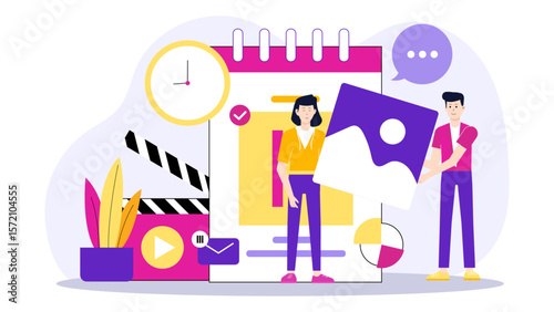 Content Group Finalizing Monthly Publishing Calendar flat vector illustration