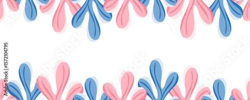 Vector marine border with pink and blue plants at the top and bottom. Ideal for packaging, fabric, stationery and ocean themed collections