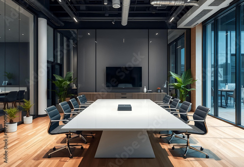 interior of a modern office with a large meeting table, green theme, small plants in the corners of the room, office wallpaper.