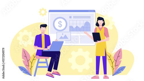 Sales Group Preparing Product Pitch Presentation flat vector illustration